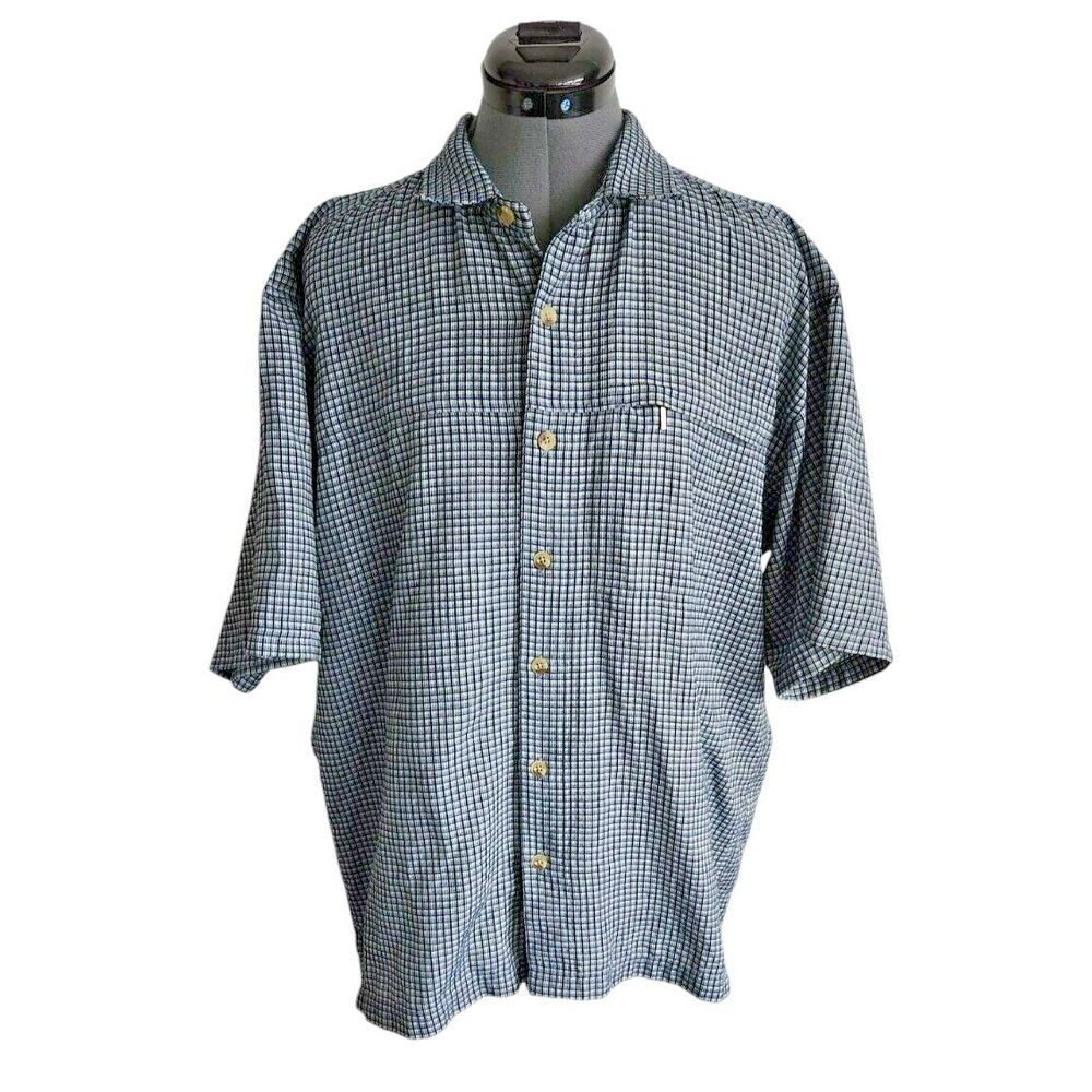 The North Face Mens‎ Large Blue Black Grid Check Short Sleeve Button Down Shirt